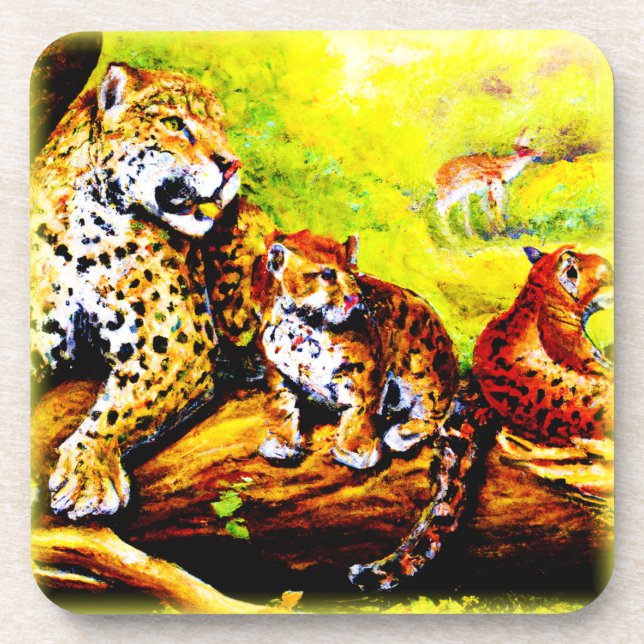 Jaguar Mum and Cubs Relaxing in Jungle. Buy Now Coaster (Front)