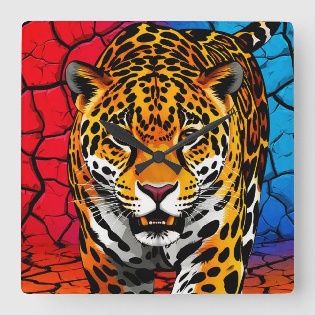 Jaguar on Cracked Earth Backgroun Square Wall Clock (Front)