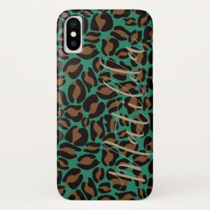 Jaguar Pattern Print Green Brown Personalised Name iPhone X Case