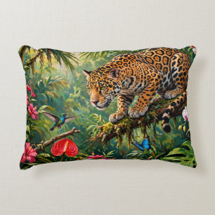 Jaguar Rainforest Hummingbird Butterflies Flowers Decorative Cushion