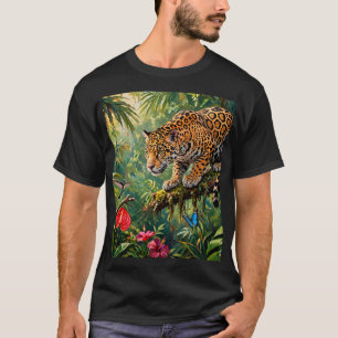 Jaguar Rainforest Hummingbird Butterflies Flowers T-Shirt