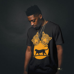 Jaguar Twin Cat Head Sunrise Men Women Black T-Shirt