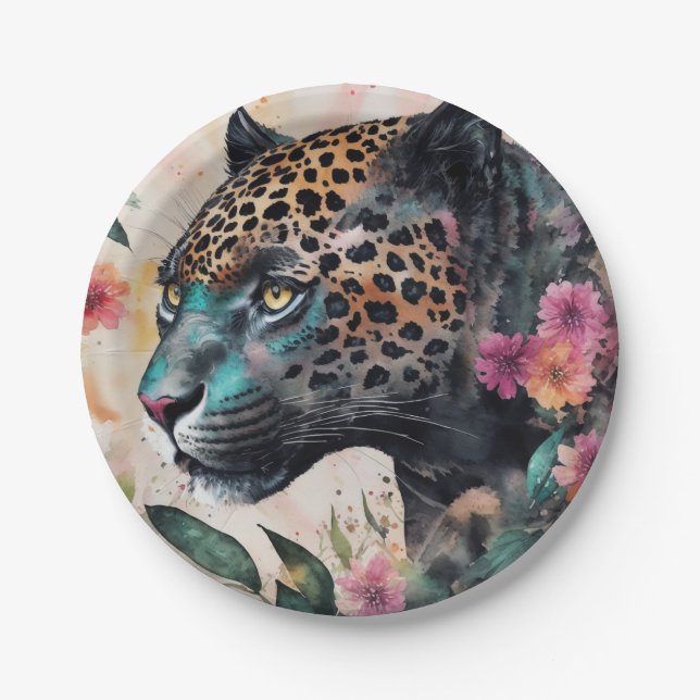 Jaguar Watercolor Floral Art Paper Plate (Front)