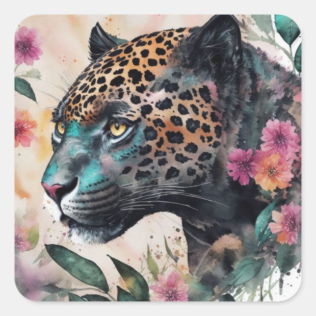 Jaguar Watercolor Floral Art Square Sticker (Front)