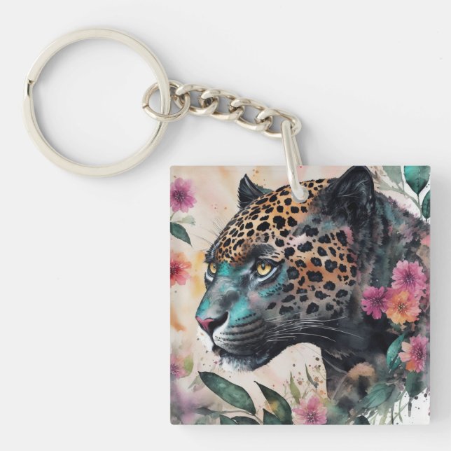 Jaguar Watercolor Floral Artwork Key Ring (Front)
