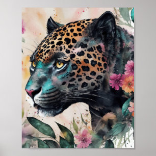 Jaguar Watercolor Floral Artwork Poster