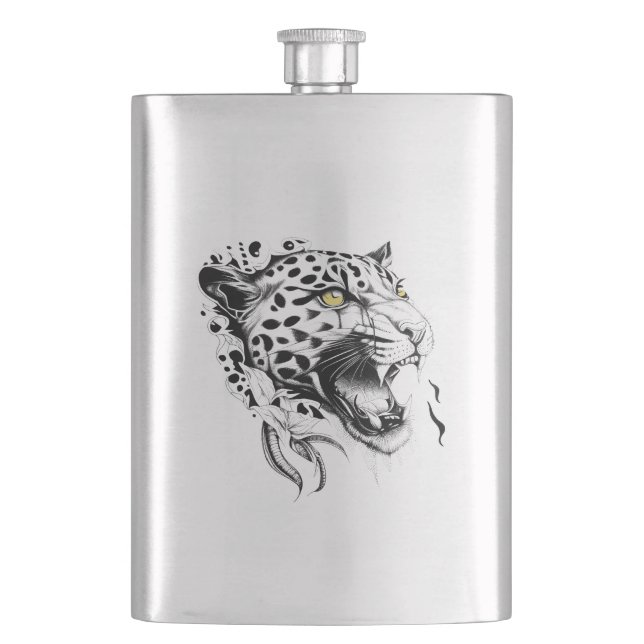 Jaguar Wild Animal Nature Illustration Art Tattoo Hip Flask (Front)