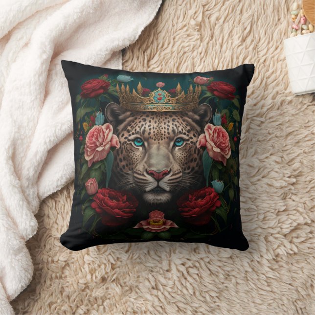Jaguar with Crown in Flowers Painting              Cushion (Blanket)