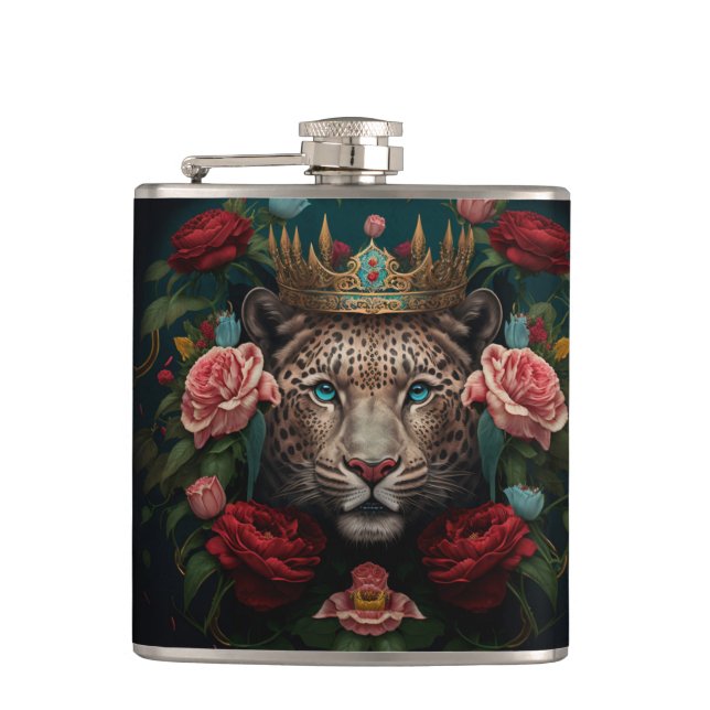 Jaguar with Crown in Flowers Painting              Hip Flask (Front)