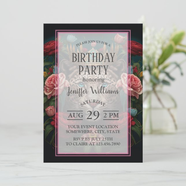 Jaguar with Crown in Flowers Painting              Invitation (Standing Front)