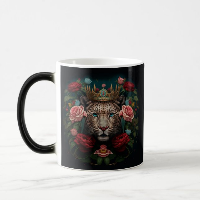 Jaguar with Crown in Flowers Painting              Magic Mug (Left)
