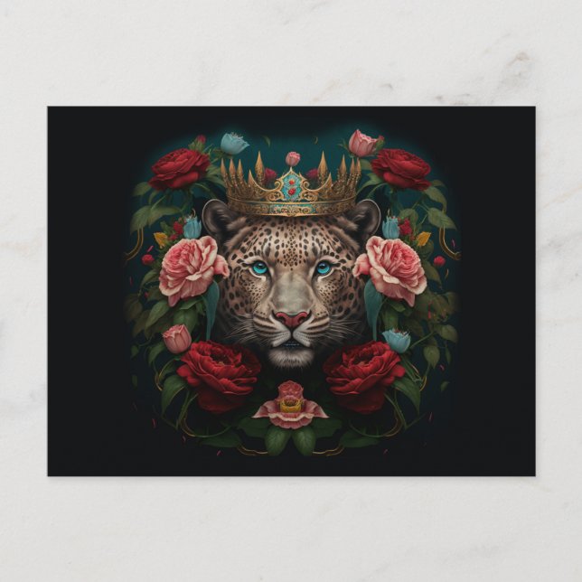 Jaguar with Crown in Flowers Painting              Postcard (Front)