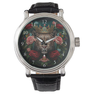Jaguar with Crown in Flowers Painting Watch