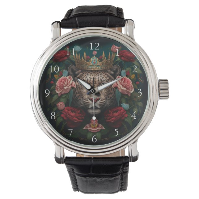 Jaguar with Crown in Flowers Painting            Watch (Front)