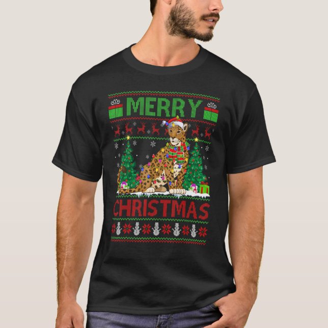 Jaguar   Xmas Tree Lights Ugly Santa Jaguar Christ T-Shirt (Front)
