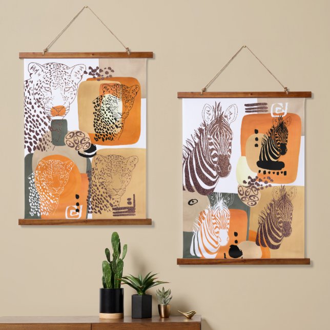 Jaguar Zebra Earth Tones Modern Abstract Pop Art Hanging Tapestry (Asymmetrical)