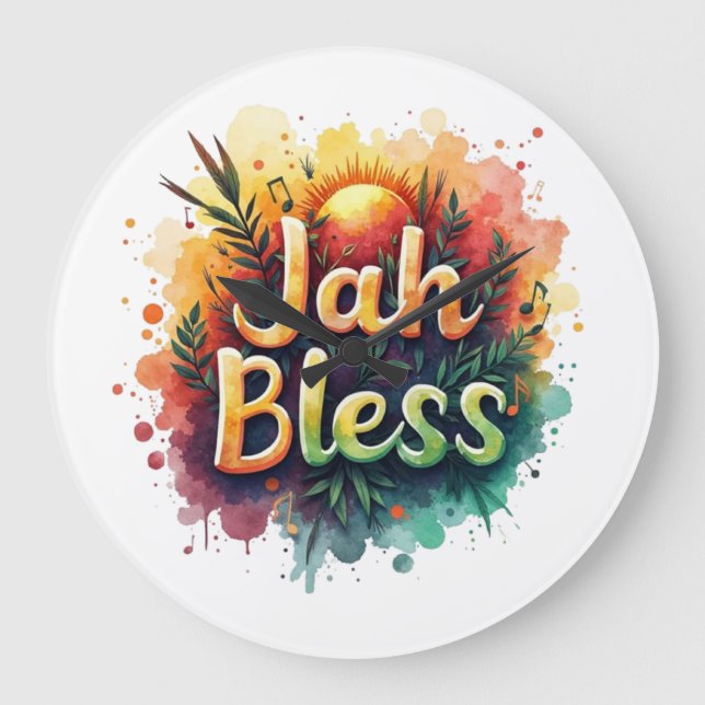 Jah Bless Reggae Watercolor Large Clock (Front)