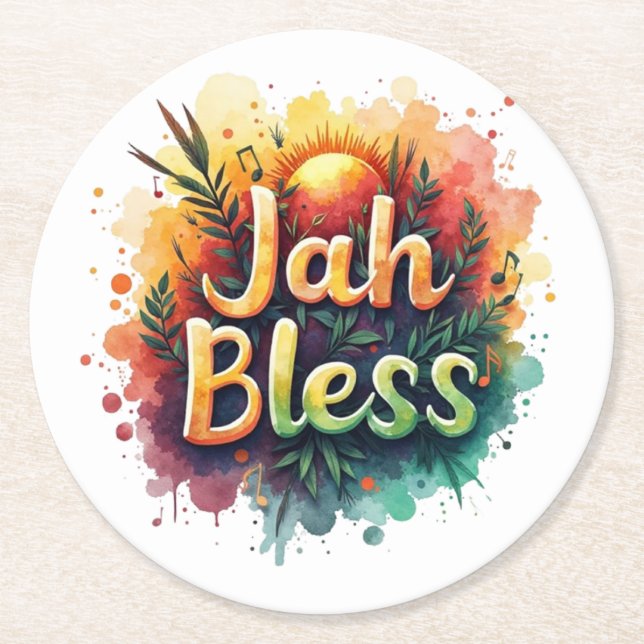 Jah Bless Reggae Watercolor Round Paper Coaster (Front)