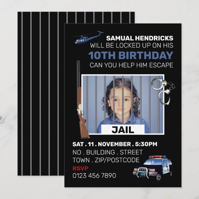 Jail Themed Escape Room, Birthday Party Invitation (Front/Back)