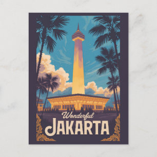 Jakarta Indonesia Illustration Travel Art Vintage Postcard