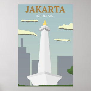 Jakarta Indonesia Monas Vintage Travel Art Poster