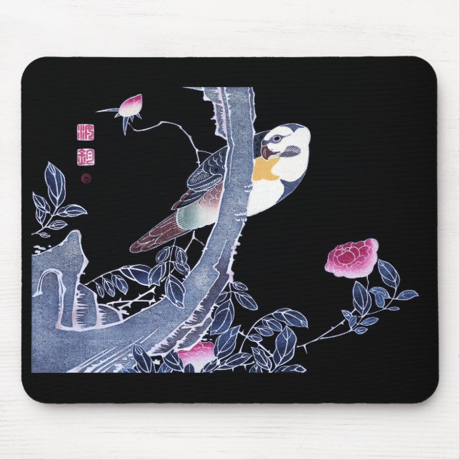 Jakuchu,“Parrot on the Branch of a Flowering Rose” Mouse Mat (Front)