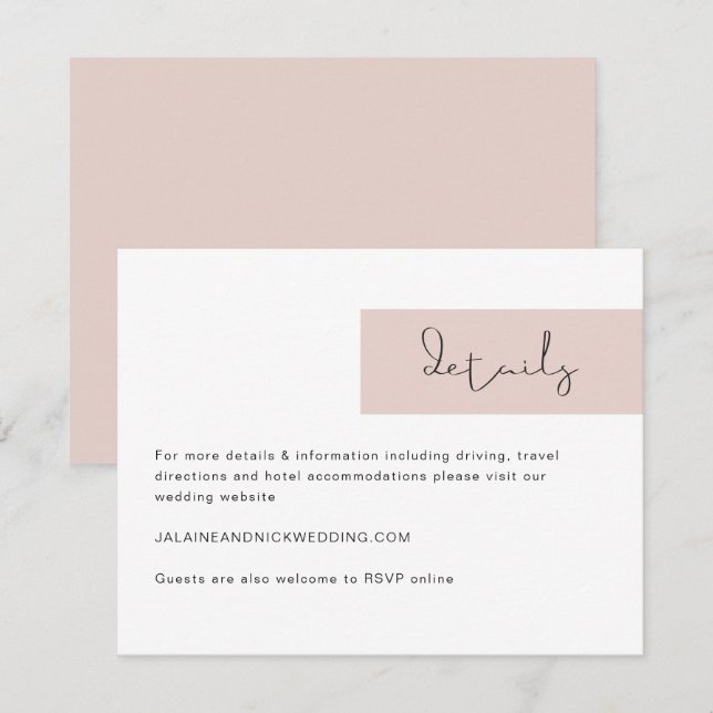 JALAINE Modern Blush Pink Wedding Details Card (Front/Back)