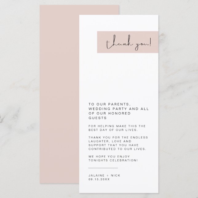 JALAINE Modern Blush Pink Wedding Plate Thank You Menu (Front/Back)