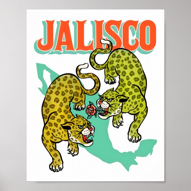 Jalisco Mexico, Retro Travel Poster, Jaguar Art Poster (Front)