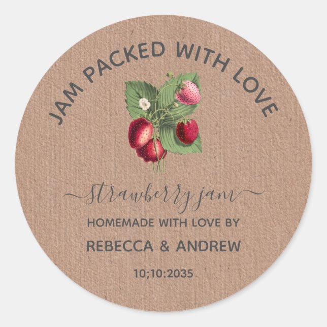 Jam Packed with Love Strawberry Jam Wedding Favour Classic Round Sticker (Front)