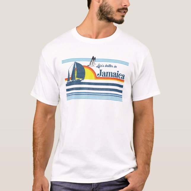 Jamaica - Beach Retro 70S 80S Sailing Boat Sunset T-Shirt (Front)