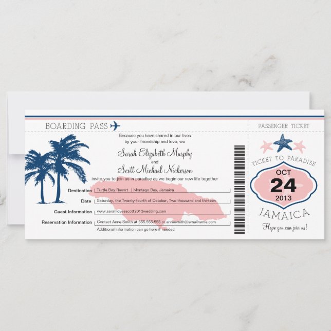 Jamaica Boarding Pass Wedding Invitation (Front)