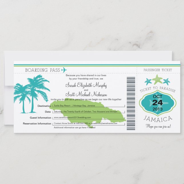 Jamaica Boarding Pass Wedding Invitation (Front)