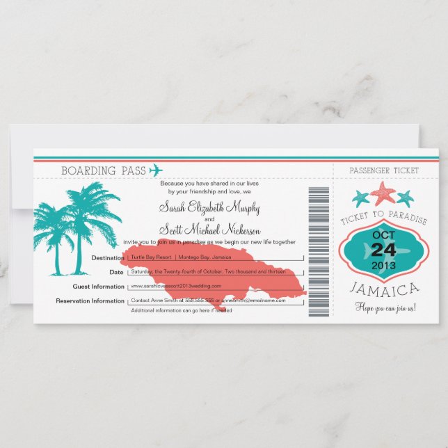 Jamaica Boarding Pass Wedding Invitation (Front)