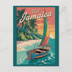 Jamaica Boat Illustration Travel Art Vintage Postcard