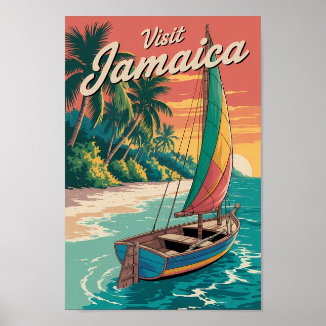 Jamaica Boat Illustration Travel Art Vintage Poster (Front)