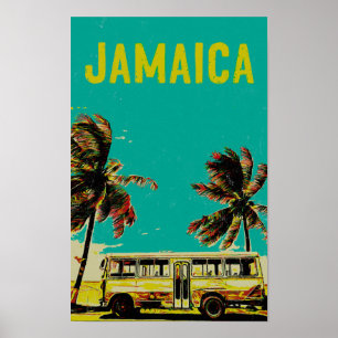 Jamaica, bus and palm trees postcard poster