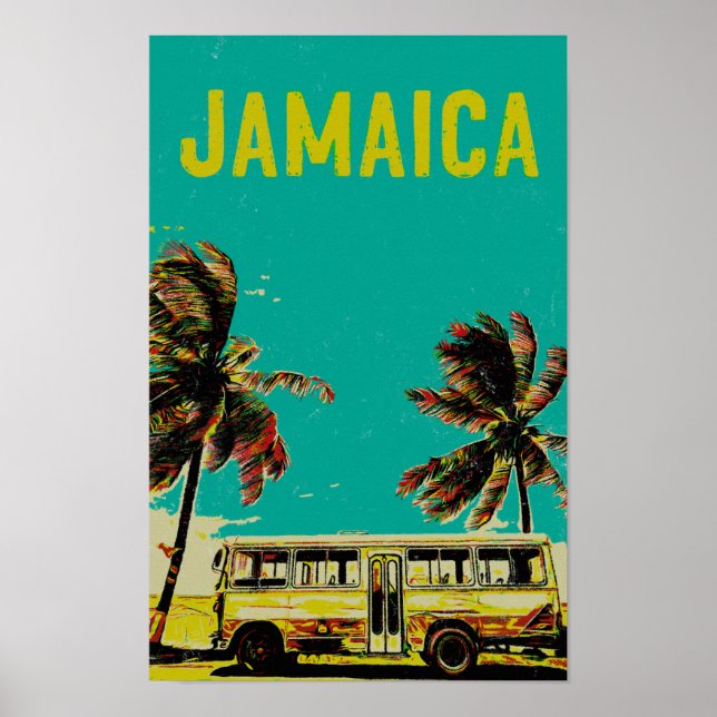Jamaica, bus and palm trees postcard poster (Front)
