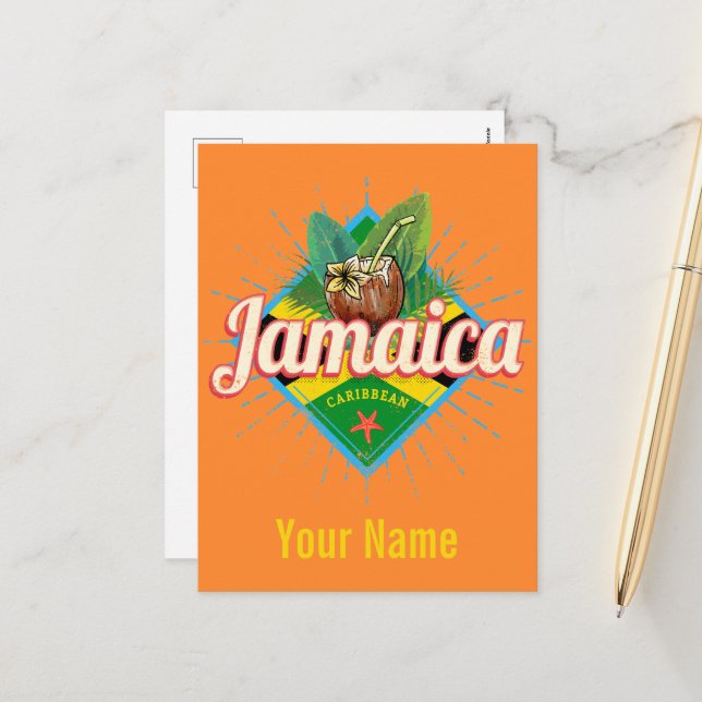 Jamaica caribbean retro flag vacation vintage holiday postcard (Front/Back In Situ)