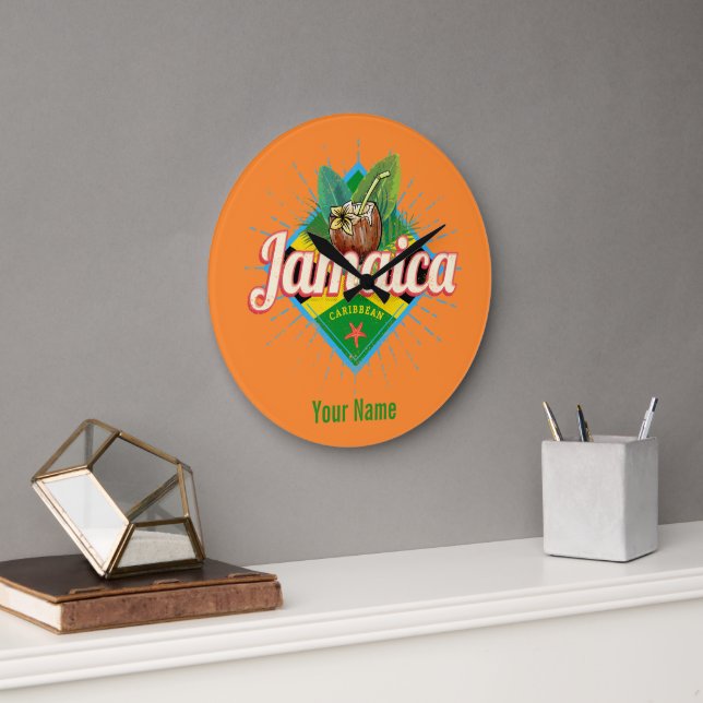 Jamaica caribbean retro flag vacation vintage large clock (Office)