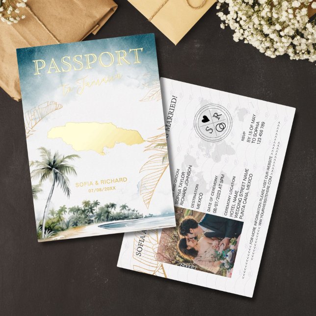 Jamaica Destination Wedding Passport Gold (gold foil Jamaica passport wedding invitation)