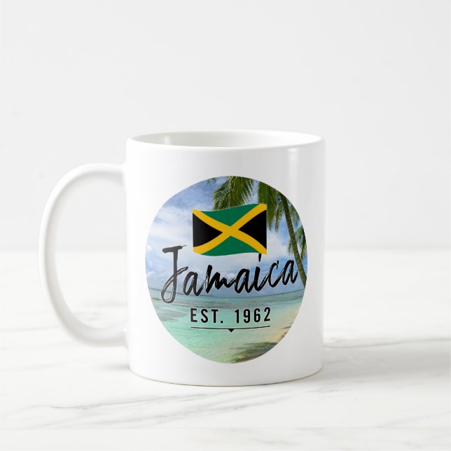 "Jamaica Est. 1962" Beach With Jamaica Flag Art Coffee Mug (Left)