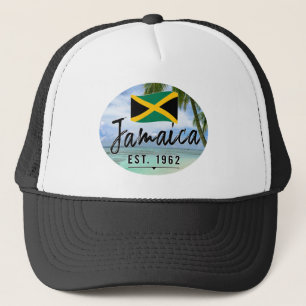 "Jamaica Est. 1962" Beach With Jamaica Flag Art Trucker Hat