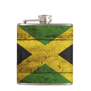 Jamaica Flag on Old Wood Grain Hip Flask