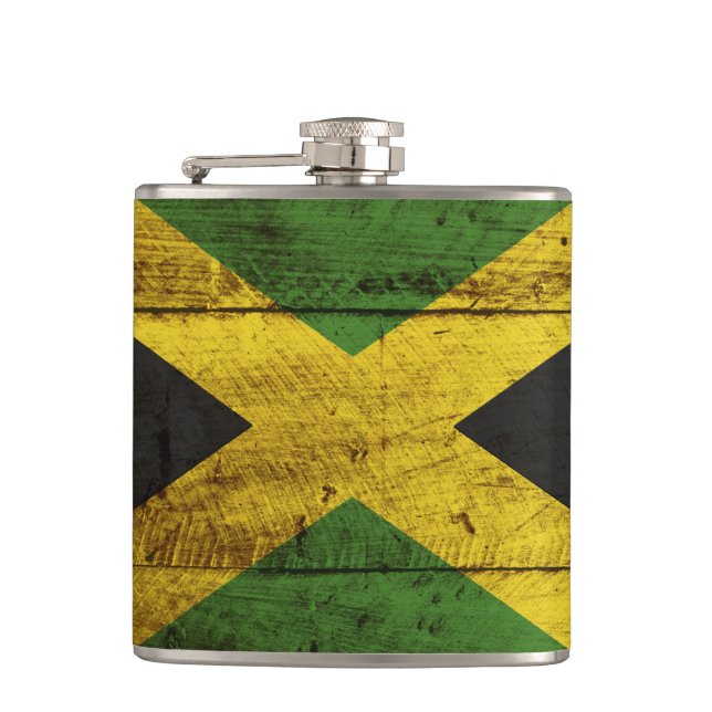 Jamaica Flag on Old Wood Grain Hip Flask (Front)