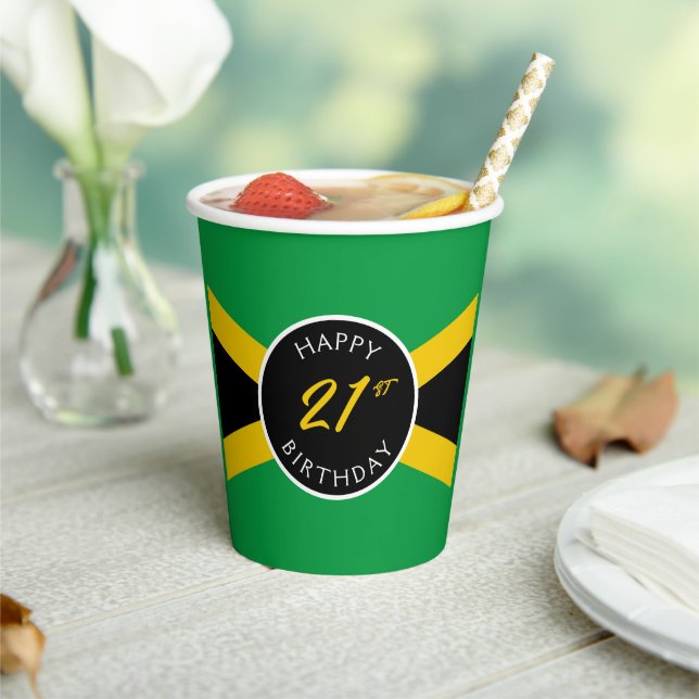 Jamaica Green Black & Gold Jamaican Flag Birthday Paper Cups (Insitu)
