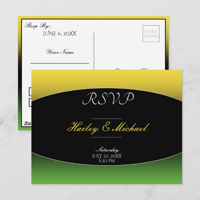 Jamaica Green Gold Caribbean Elegant Wedding RSVP Postcard (Front/Back)