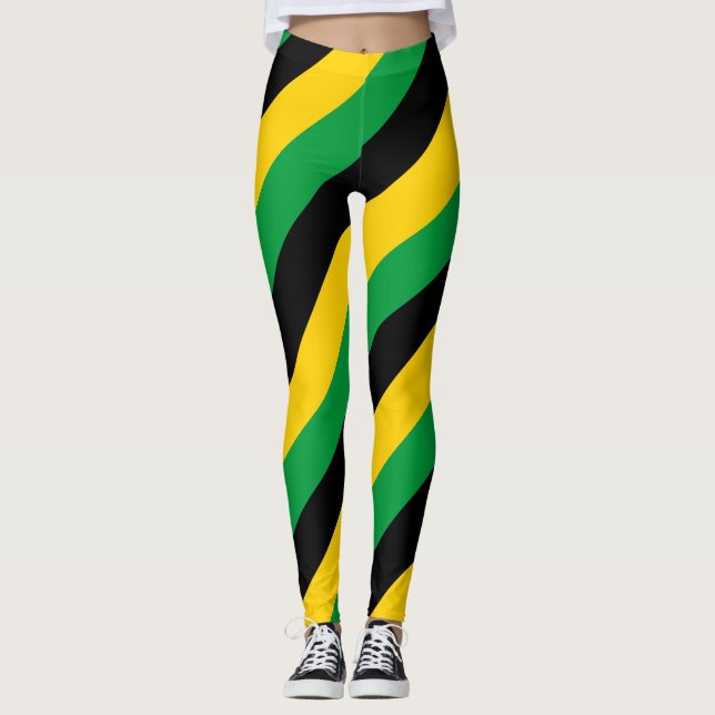 Jamaica National Flag Colours Diagonal Striped Leggings (Front)