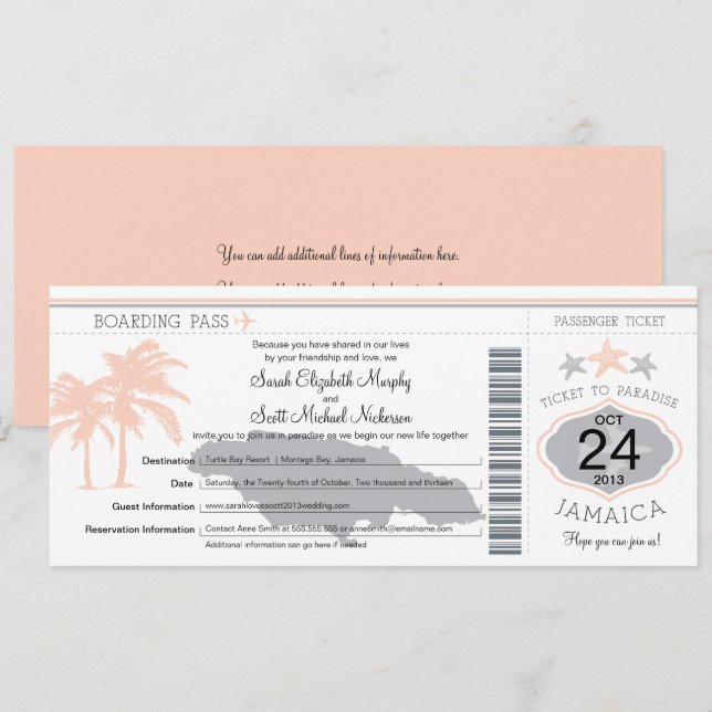 Jamaica Peach Grey Boarding Pass Wedding Invitation (Front/Back)
