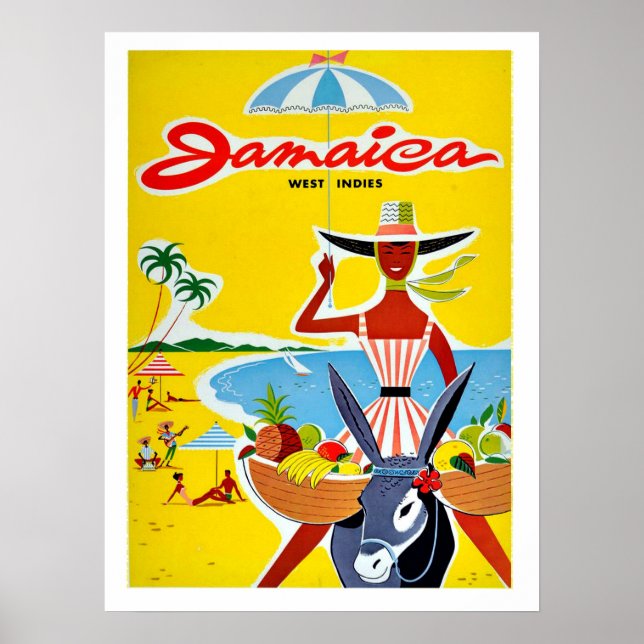 Jamaica, woman with umbrella, vintage travel poster (Front)